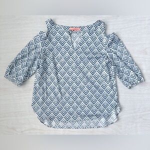 Vilagallo 100% Cotton Chevron Cold Shoulder Blouse Top Blue White sz 10/42